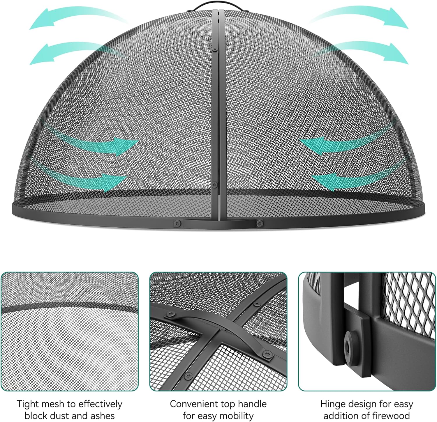 Heavy-Duty Fire Pit Spark Screen with Handle and Poker, Easy-Opening Metal Fire Pit Cover for 36-Inch Round Outdoor Fire Pits