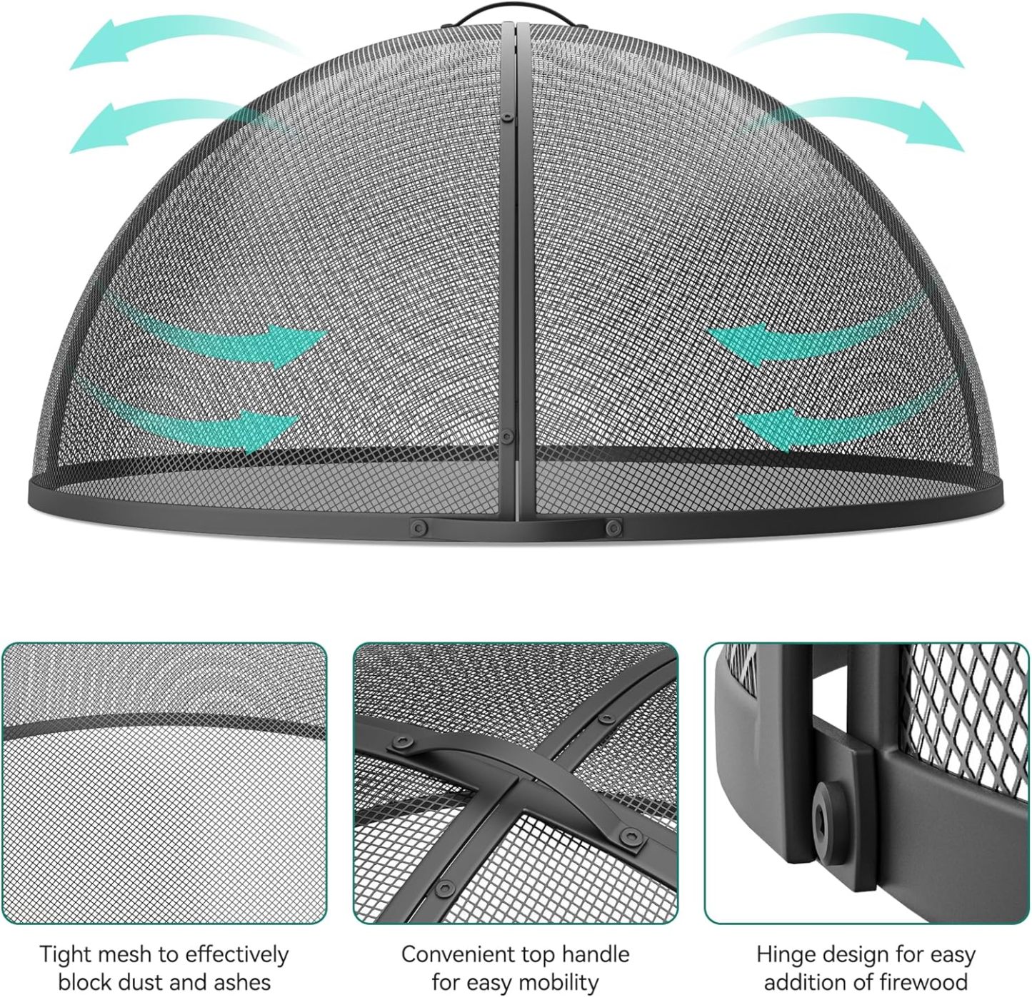 Heavy-Duty Fire Pit Spark Screen with Handle and Poker, Easy-Opening Metal Fire Pit Cover for 36-Inch Round Outdoor Fire Pits