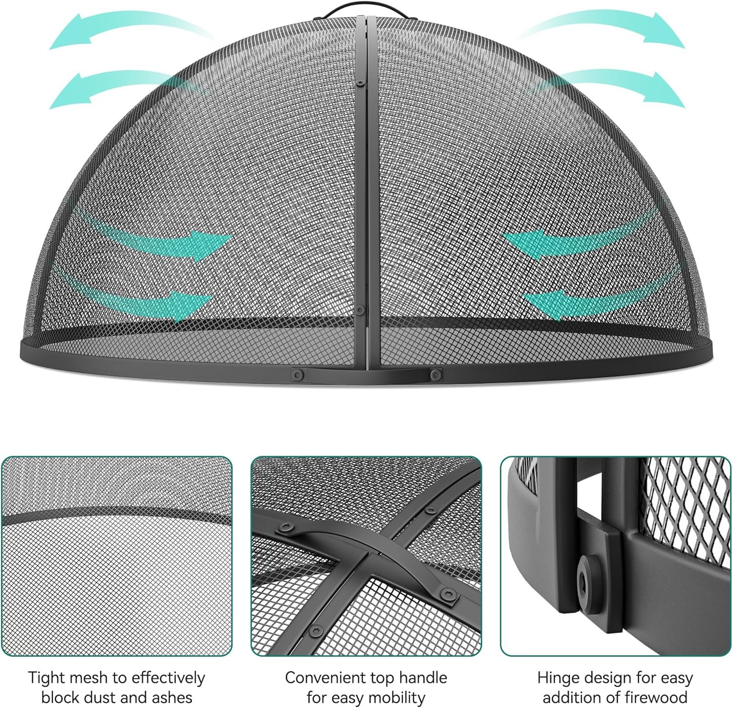 Heavy-Duty Fire Pit Spark Screen with Handle and Poker, Easy-Opening Metal Fire Pit Cover for 36-Inch Round Outdoor Fire Pits