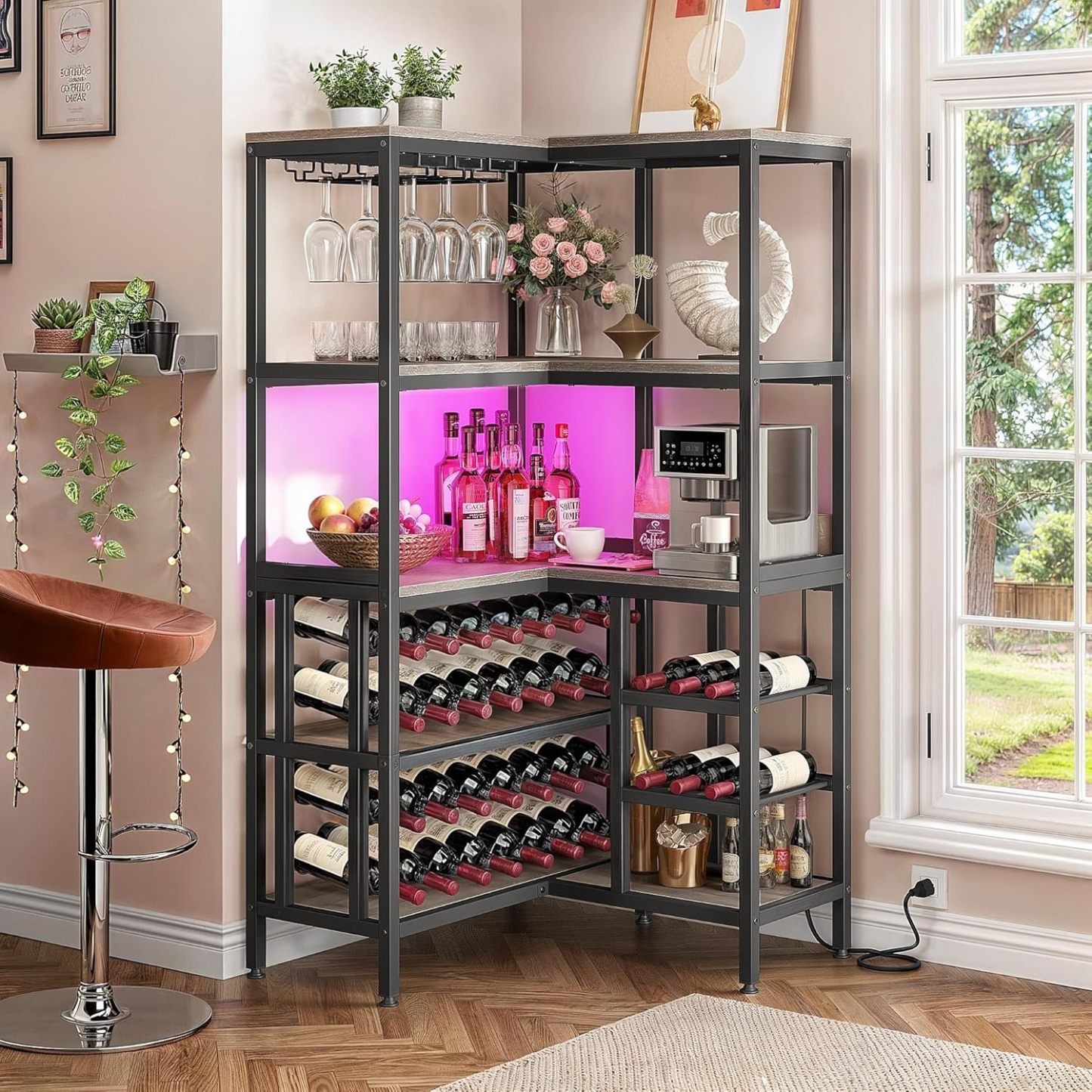 Large Corner Wine Rack, 63'' Corner Bar Cabinet with Power Outlet and LED Light, 5-Tier L Shaped Industrial Liquor Cabinet w/Glass Holder