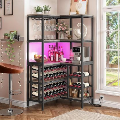 Large Corner Wine Rack, 63'' Corner Bar Cabinet with Power Outlet and LED Light, 5-Tier L Shaped Industrial Liquor Cabinet w/Glass Holder