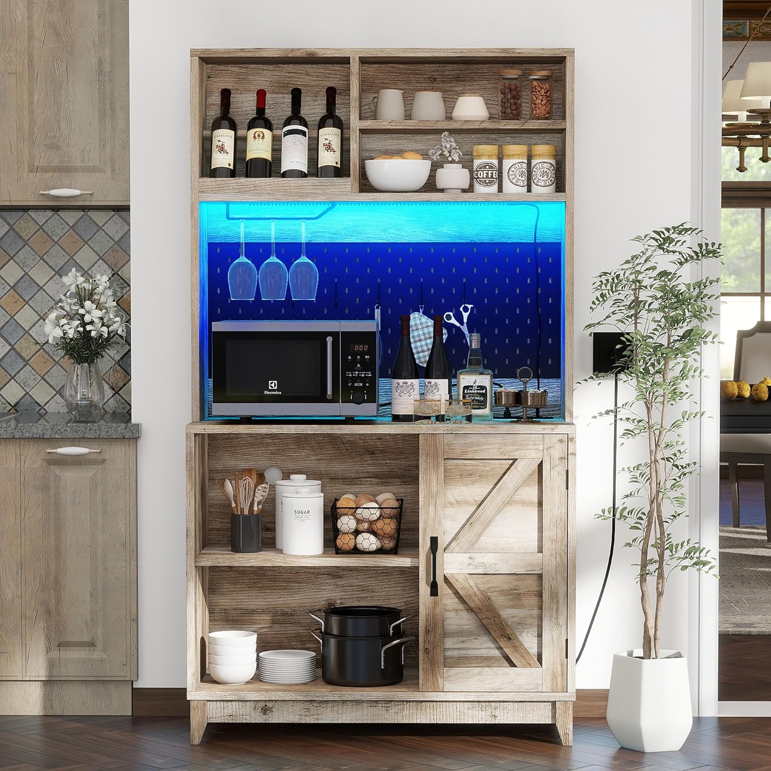 Farmhouse Pantry Cabinet - 71" Kitchen Pantry with Lights & Charging Station Hutch Cabinet with Storage