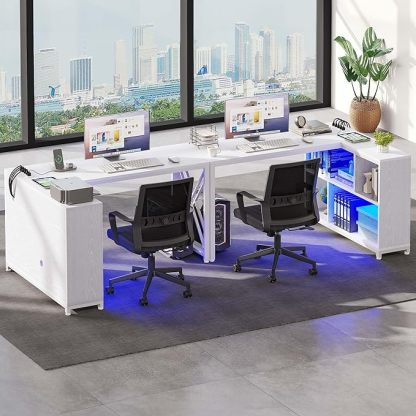 L Shaped Desk with Power Outlets, 55" Reversible Computer Desk with Storage Cabinet & LED Lights