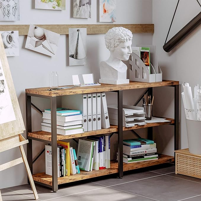 Bookshelf Double Wide 55 in 3 Tier, Industrial Bookcases, Wood and Metal Bookshelves, Book Shelves for Home Office Decor Display