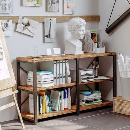 Bookshelf Double Wide 55 in 3 Tier, Industrial Bookcases, Wood and Metal Bookshelves, Book Shelves for Home Office Decor Display