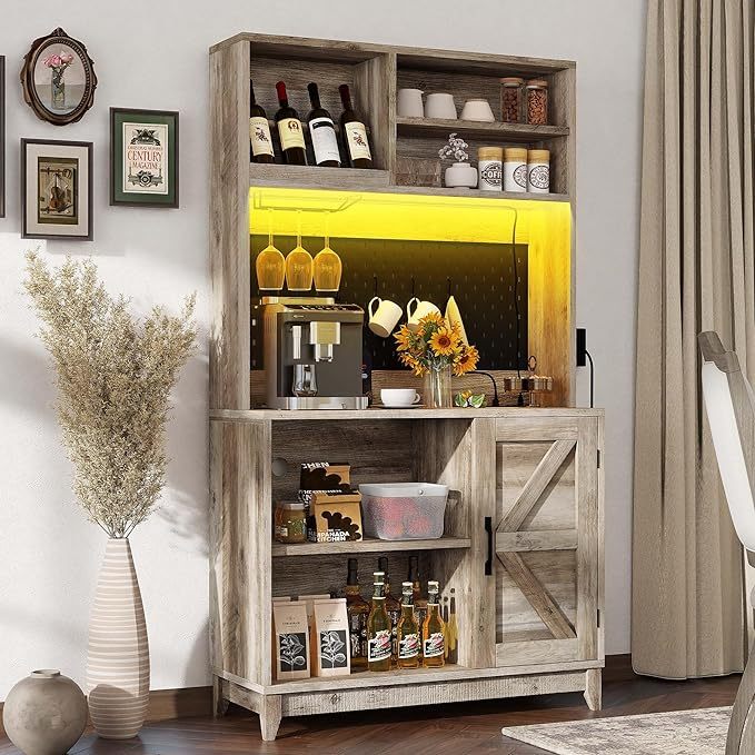 Farmhouse Pantry Cabinet - 71" Kitchen Pantry with Lights & Charging Station Hutch Cabinet with Storage