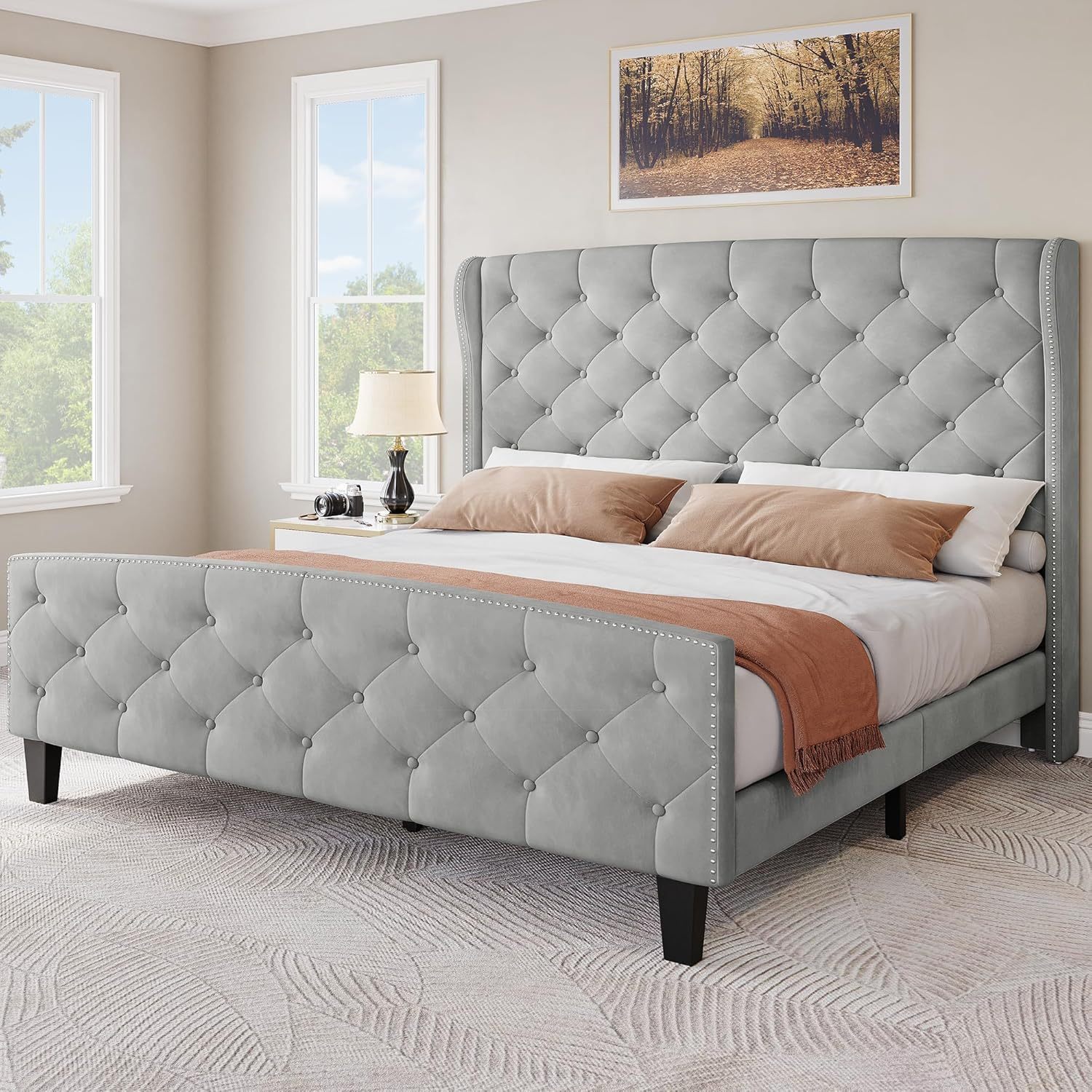 King Size Upholstered Bed Frame, Velvet Platform Bed with Deep Button Tufted Headboard & Nailhead Trim Wingback Footboard