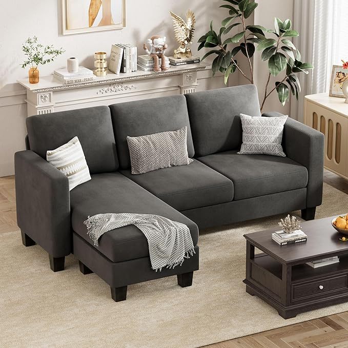 Convertible Sectional Sofa Couch, 3 Seat L-Shaped Sofa with Linen Fabric, Movable Ottoman