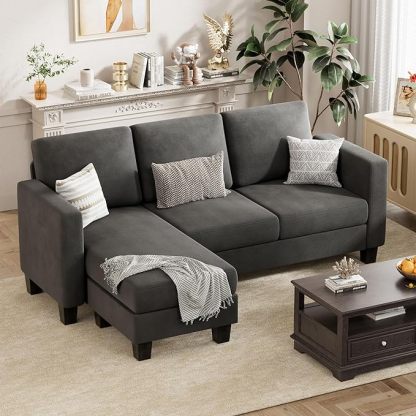 Convertible Sectional Sofa Couch, 3 Seat L-Shaped Sofa with Linen Fabric, Movable Ottoman