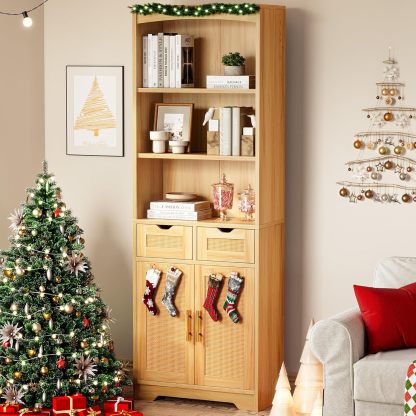 Rattan Bookshelf with Storage, 5 Tier Bookcase with 2 Drawers and Doors, 71" Tall Book Case Rattan Storage Cabinet