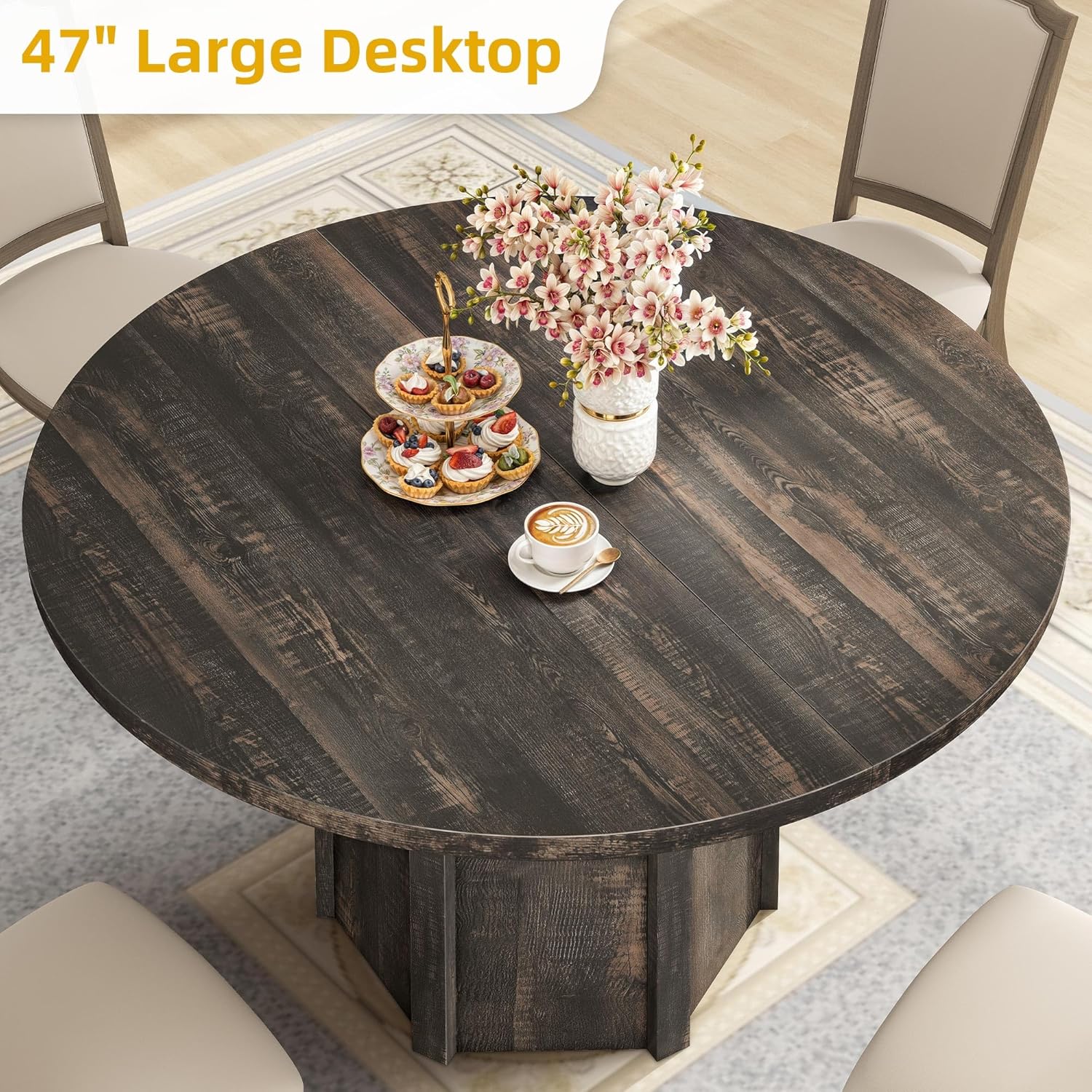 47" Round Dining Table for 4-6 People Farmhouse Industrial Dinning Room Table with 1.18" Thick Wooden Tabletop Rustic Circle Dining Table with Hexagonal Base