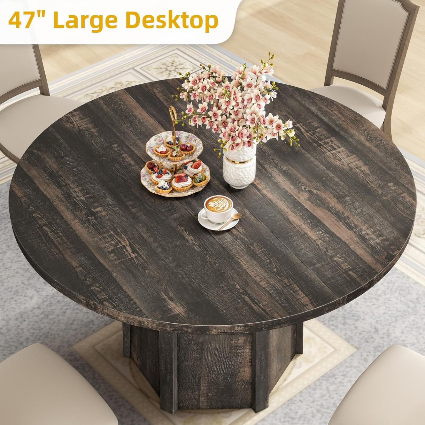 47" Round Dining Table for 4-6 People Farmhouse Industrial Dinning Room Table with 1.18" Thick Wooden Tabletop Rustic Circle Dining Table with Hexagonal Base