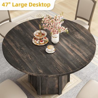 47" Round Dining Table for 4-6 People Farmhouse Industrial Dinning Room Table with 1.18" Thick Wooden Tabletop Rustic Circle Dining Table with Hexagonal Base