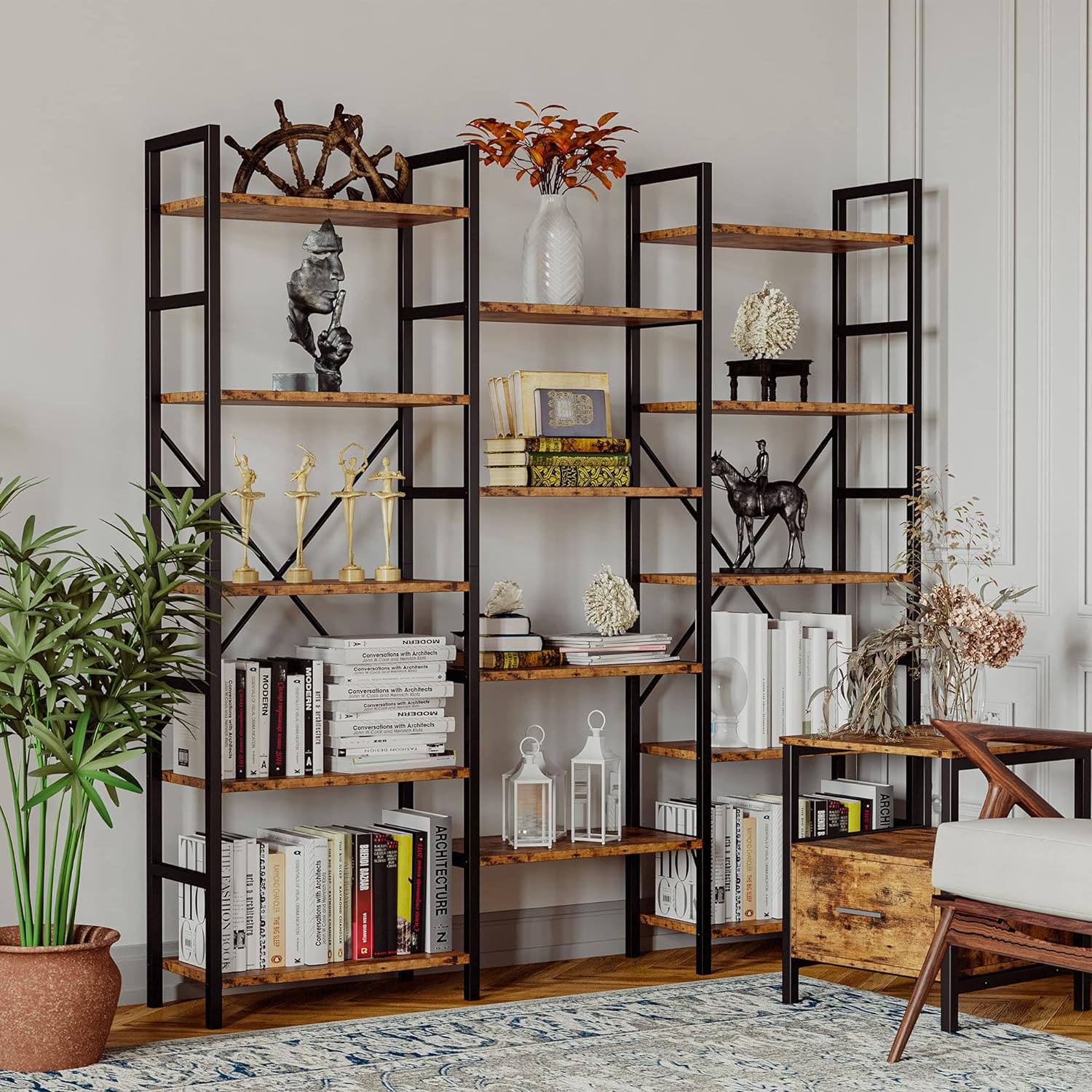 Bookcases and Bookshelves Triple Wide 5 Tiers Industrial Bookshelf, Large Etagere Bookshelf Open Display Shelves with Metal Frame for Living Room Bedroom Home Office