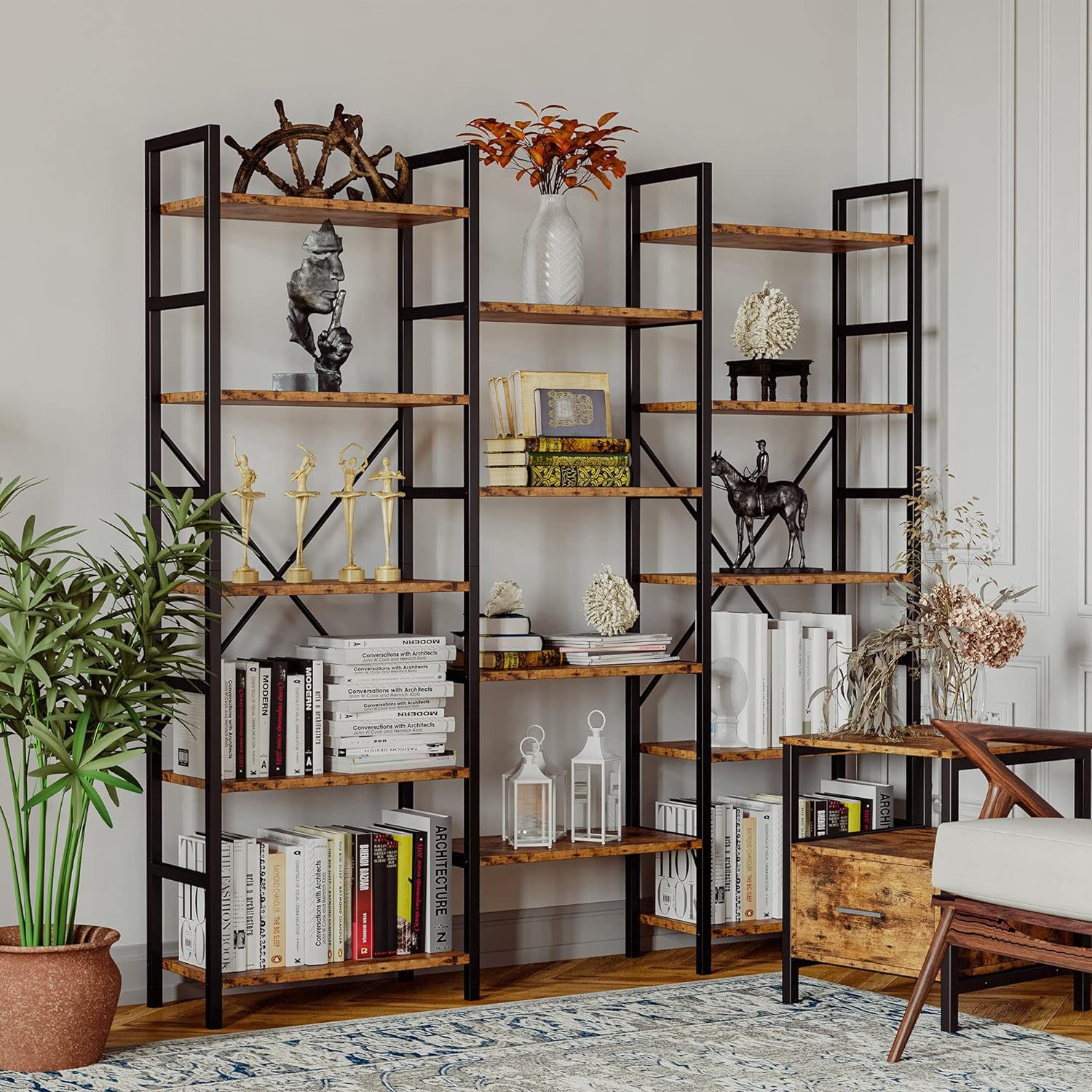 Bookcases and Bookshelves Triple Wide 5 Tiers Industrial Bookshelf, Large Etagere Bookshelf Open Display Shelves with Metal Frame for Living Room Bedroom Home Office