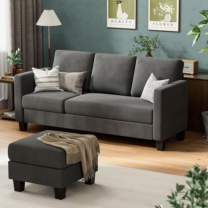 Convertible Sectional Sofa Couch, 3 Seat L-Shaped Sofa with Linen Fabric, Movable Ottoman