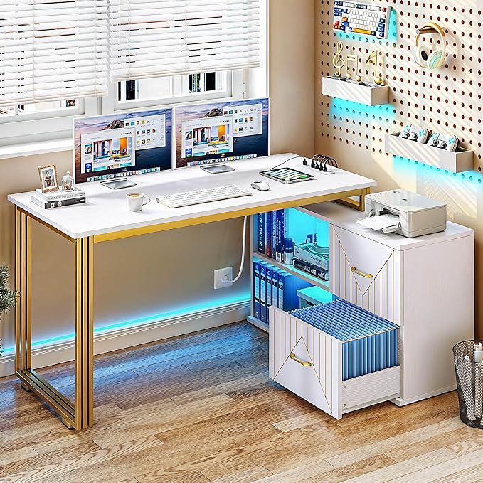 Gold L Shaped Desk with Drawers, 55" Reversible Computer Desk with Power Outlets & LED Lights