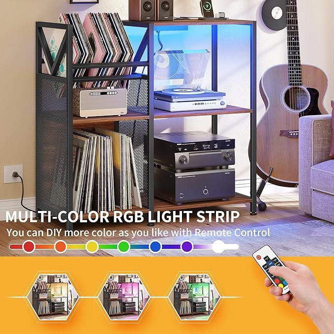 3 Tier Record Player Stand with Power Outlets & LED Light