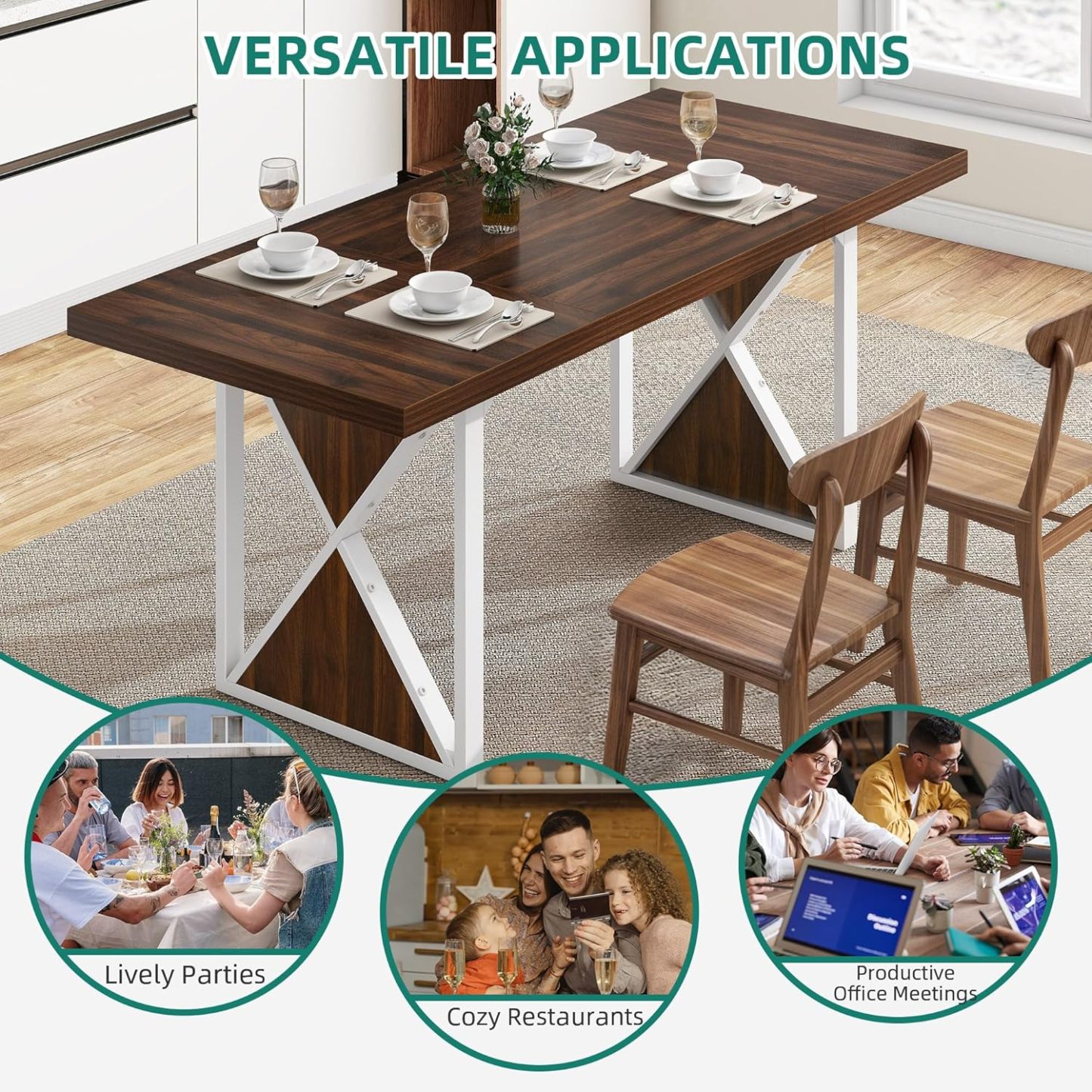 70.8'' Long Dining Table for 6-8 People Farmhouse Rectangular Kitchen Table with Heavy Duty Metal Legs Large Rustic Dinner Table
