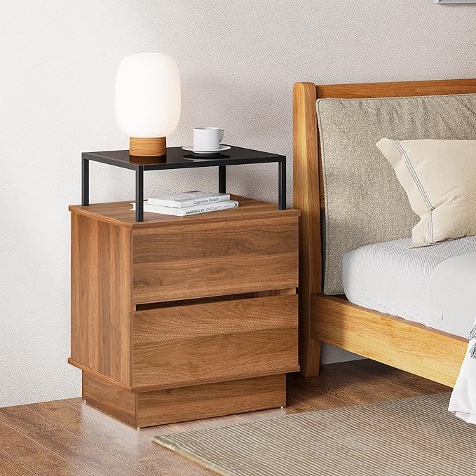 28 Inch Nightstand with 2 Drawers Walnut Color Farmhouse Wood Night Stand