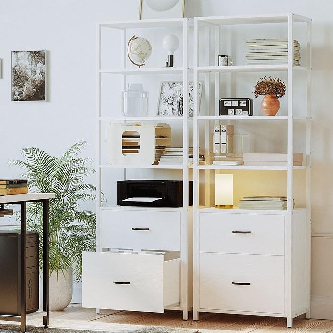 71.6 in Tall Bookshelf 5 Tier, Freestanding Storage Home Office Cabinet Organizer, Rustic Home Decor, White