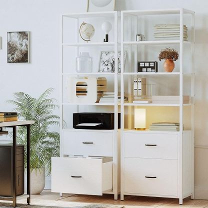 71.6 in Tall Bookshelf 5 Tier, Freestanding Storage Home Office Cabinet Organizer, Rustic Home Decor, White