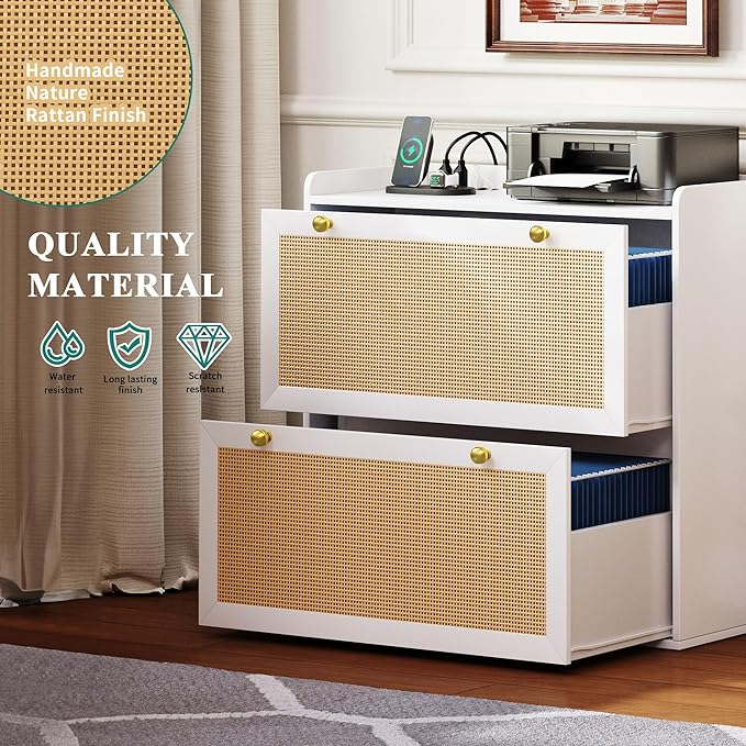 Rattan File Cabinet with Charging Station, Large Lateral Filing Cabinet