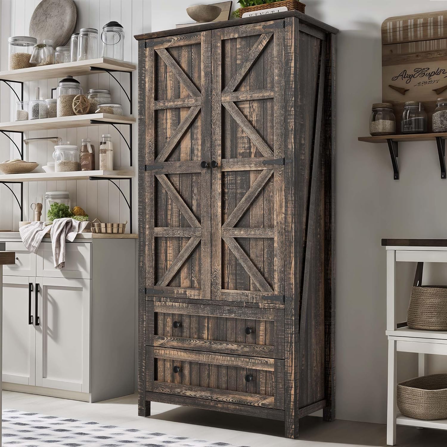 Farmhouse Kitchen Pantry Cabinet, 64.5" Tall Storage Cabinet with 2 Drawers & Adjustable Shelves, Ideal for Kitchen, Living Room, or Entryway, Dark Rustic