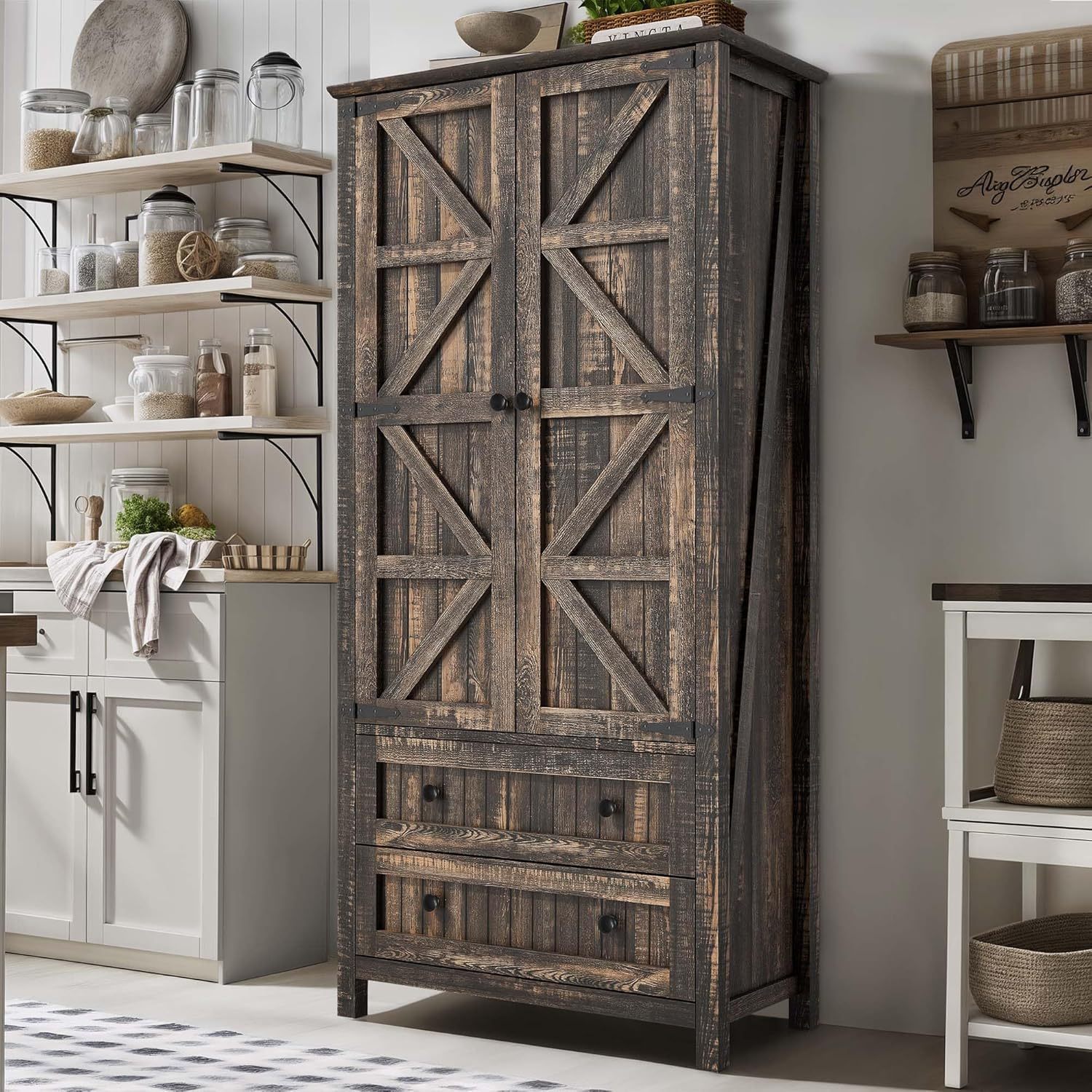 Farmhouse Kitchen Pantry Cabinet, 64.5" Tall Storage Cabinet with 2 Drawers & Adjustable Shelves, Ideal for Kitchen, Living Room, or Entryway, Dark Rustic