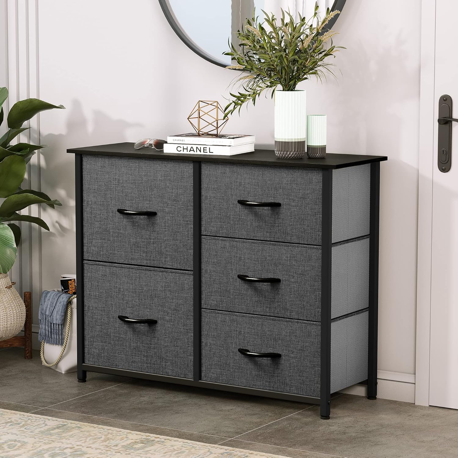 Dresser for Bedroom with 5 Drawers, Wide Bedroom Fabric Dresser with Storage Bins