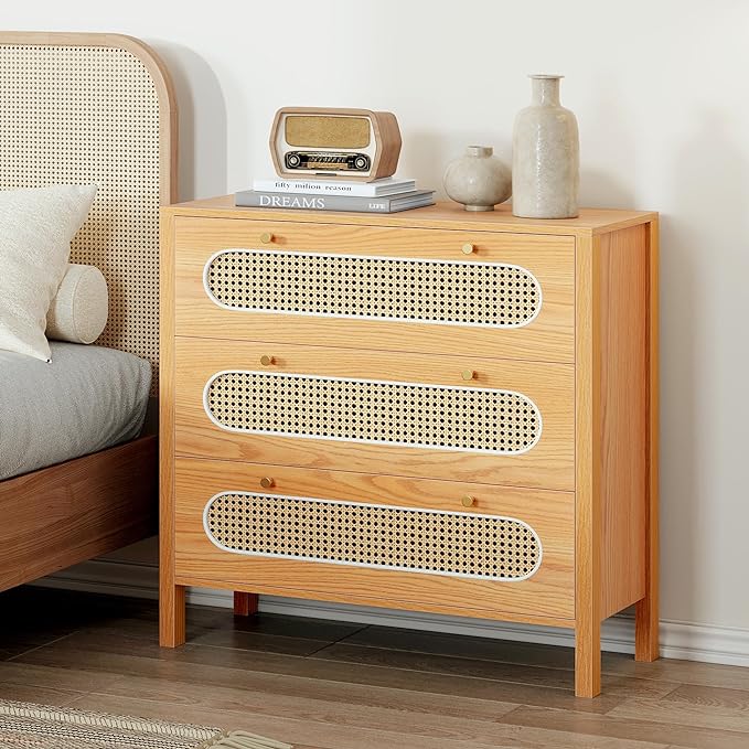 Natural Rattan Wood Drawer Dresser Set of 2 with Spacious Storage