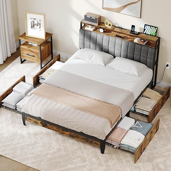 Queen Size Bed Frame, Upholstered Platform Bed Frame with Charging Station
