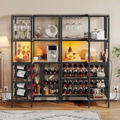 Large Corner Wine Rack, 63'' Corner Bar Cabinet with Power Outlet and LED Light, 5-Tier L Shaped Industrial Liquor Cabinet w/Glass Holder