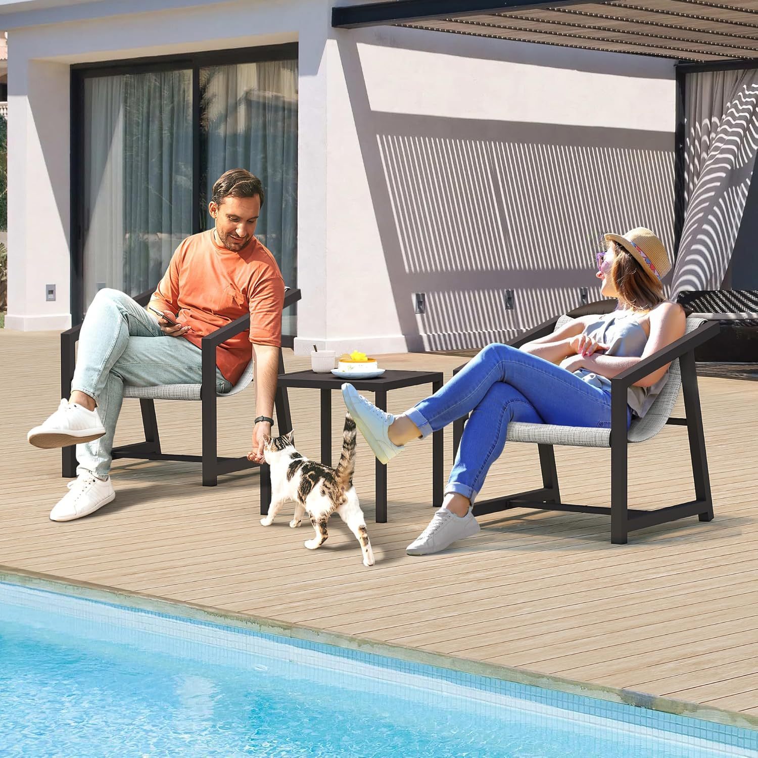 3 Piece Patio Bistro Set, Outdoor Table and Chairs Textile Furniture with Pillows, Front Porch Conversation Set