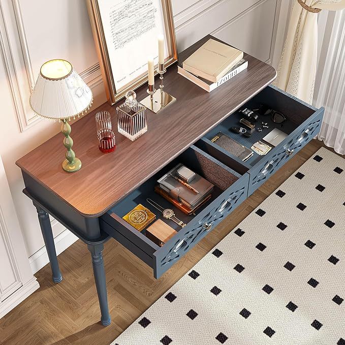 Mirrored Console Table with Storage, 43”Sofa Table with 2 Drawers Mirrored and Carved