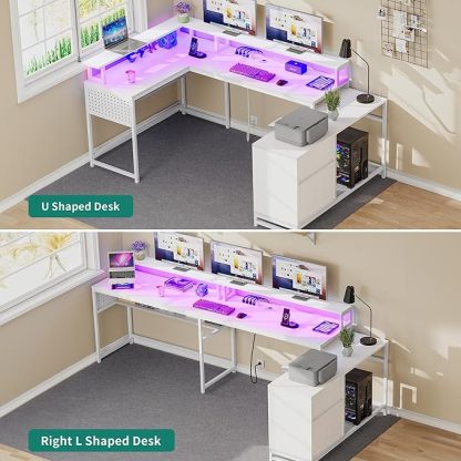 U Shaped Desk with Drawers, 72.8" Reversible L Shaped Desk with Power Outlets