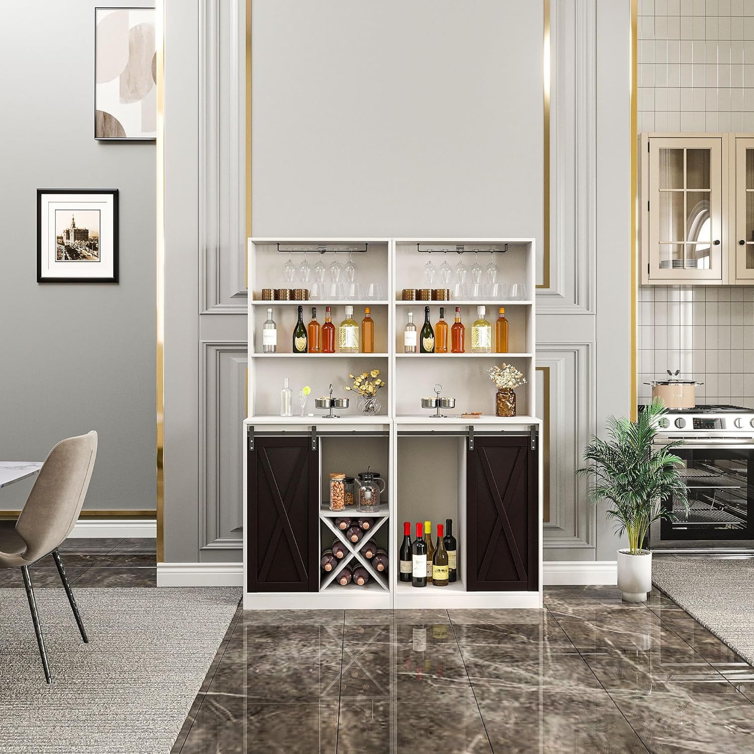 Bar Cabinet with Sliding Barn Door, 68'' Tall Freestanding Kitchen Cabinet