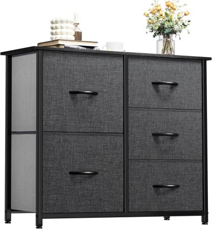 Dresser for Bedroom with 5 Drawers, Wide Bedroom Fabric Dresser with Storage Bins