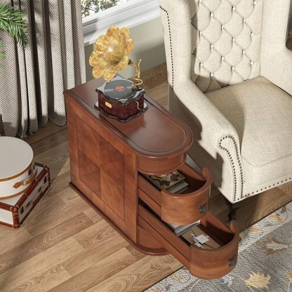 Solid Wood End Table, 2-Drawer Narrow Side Table