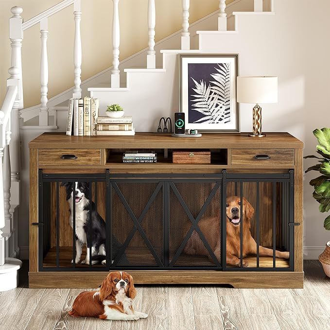 63 Inch Double Dog Crate Furniture for 2 Dogs, Heavy Duty Wooden Dog Crate TV Stand with Charging Station