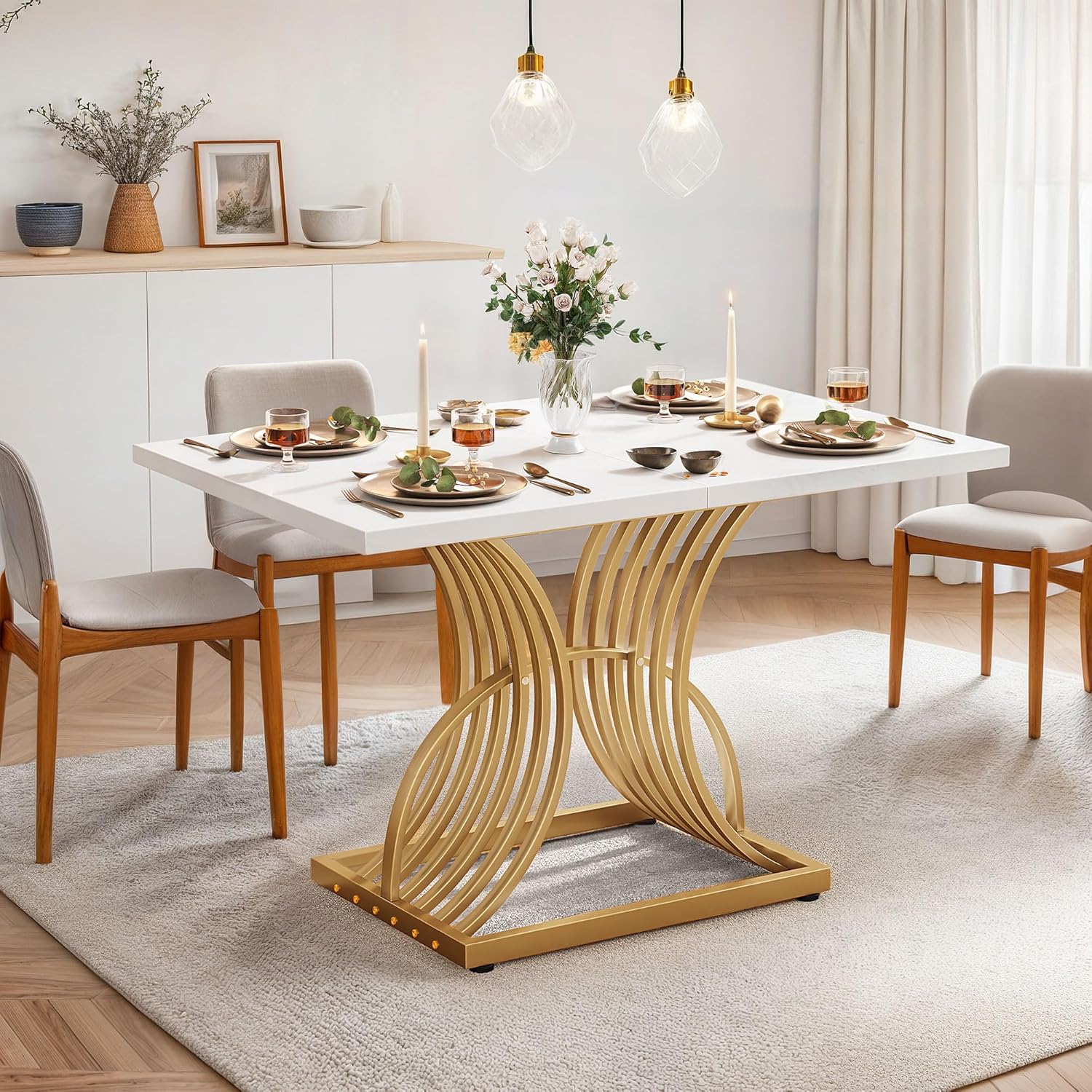 Dining Room Table 47 Inch Rectangle Dining Table for 4 Modern Kitchen Table White Dinner Table with Gold Leg for Home