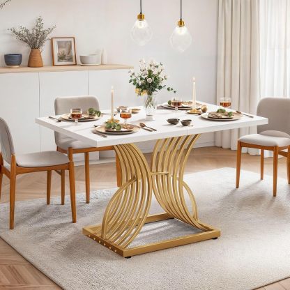 Dining Room Table 47 Inch Rectangle Dining Table for 4 Modern Kitchen Table White Dinner Table with Gold Leg for Home