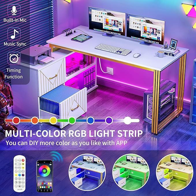 Gold L Shaped Desk with Drawers, 55" Reversible Computer Desk with Power Outlets & LED Lights