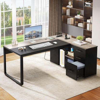 71" Executive Desk with Power Outlets, L Shaped Desk with File Cabinet, Executive Desk with Drawers & Storage Shelves