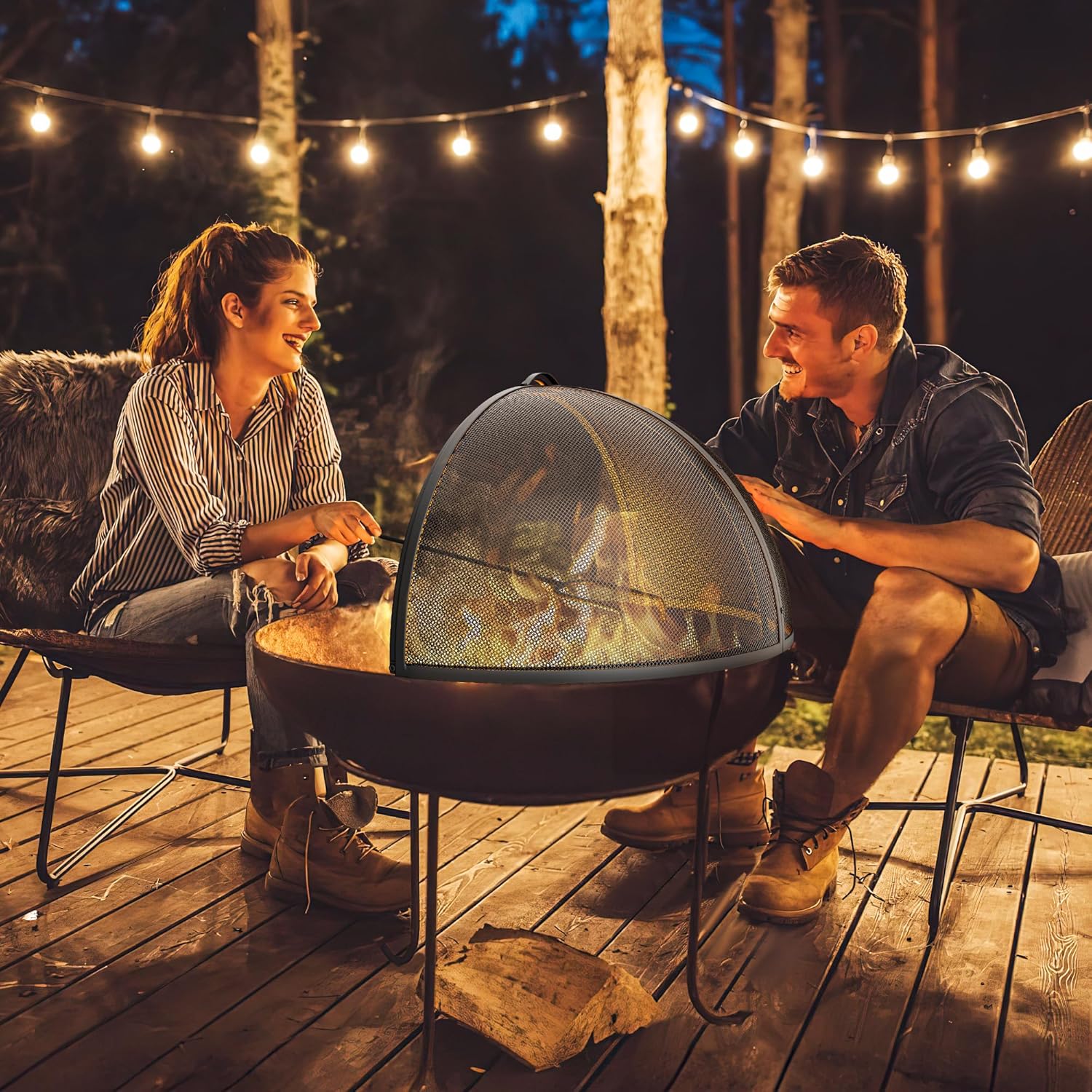 Heavy-Duty Fire Pit Spark Screen with Handle and Poker, Easy-Opening Metal Fire Pit Cover for 36-Inch Round Outdoor Fire Pits