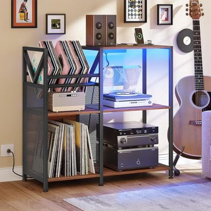 3 Tier Record Player Stand with Power Outlets & LED Light