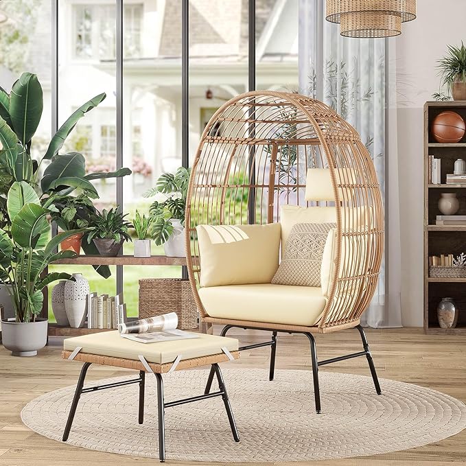 Outdoor Egg Chair with 2-in-1 Footrest, Patio Wicker Basket Chair with Ottoman
