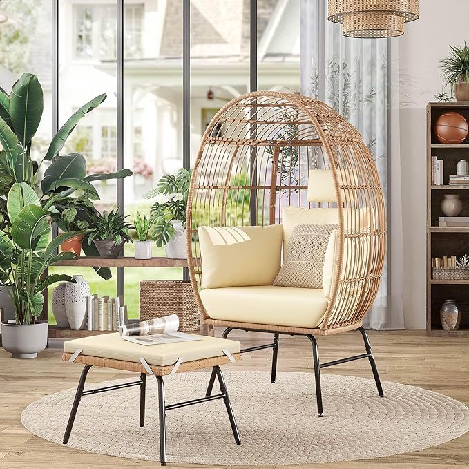 Outdoor Egg Chair with 2-in-1 Footrest, Patio Wicker Basket Chair with Ottoman