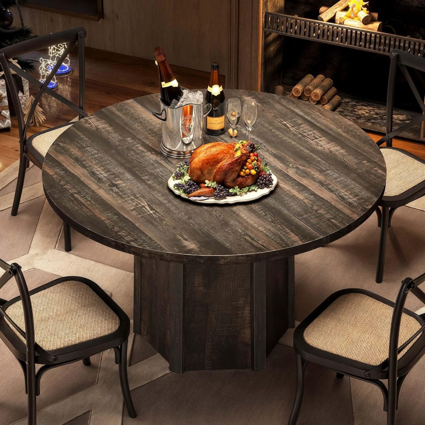47" Round Dining Table for 4-6 People Farmhouse Industrial Dinning Room Table with 1.18" Thick Wooden Tabletop Rustic Circle Dining Table with Hexagonal Base