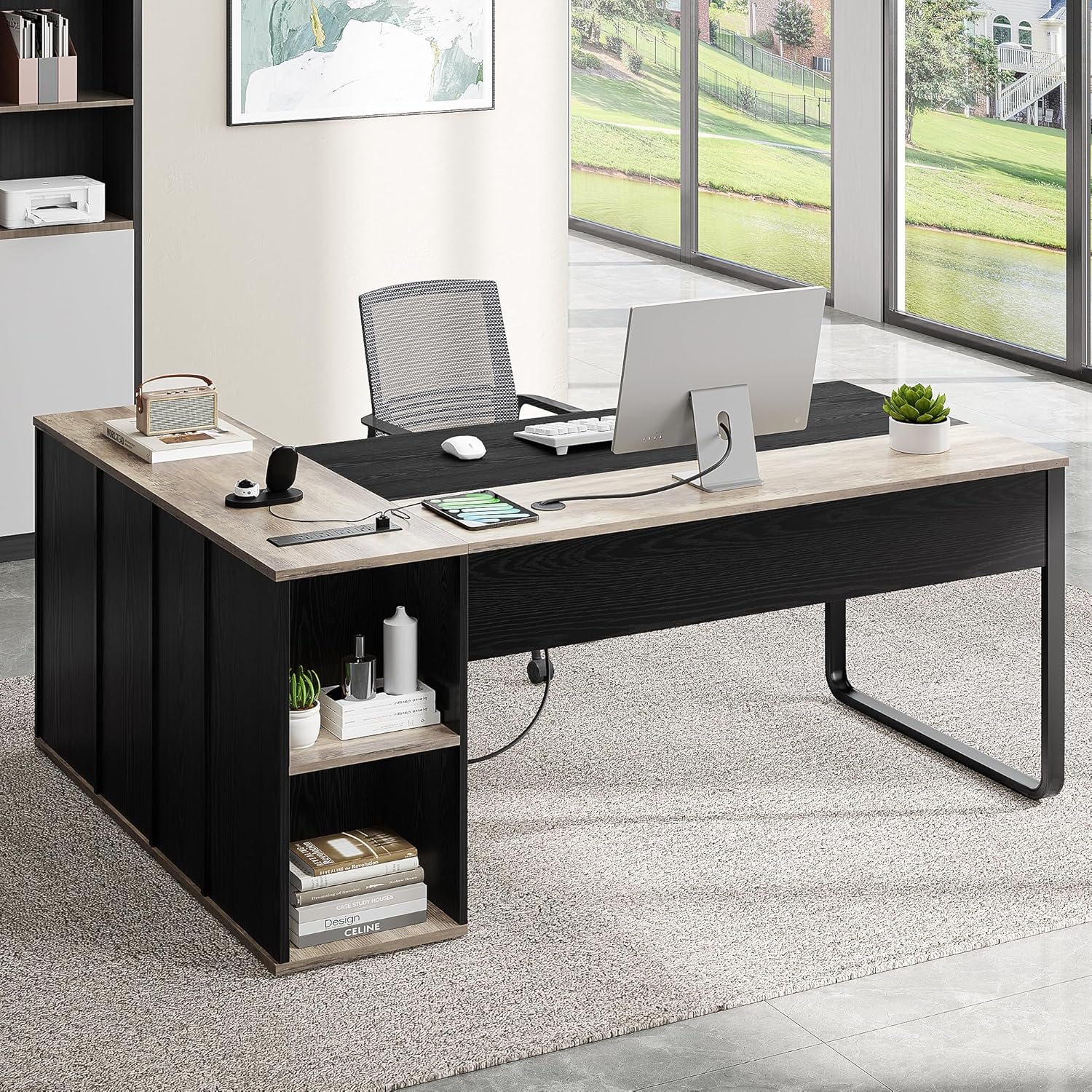71" Executive Desk with Power Outlets, L Shaped Desk with File Cabinet, Executive Desk with Drawers & Storage Shelves